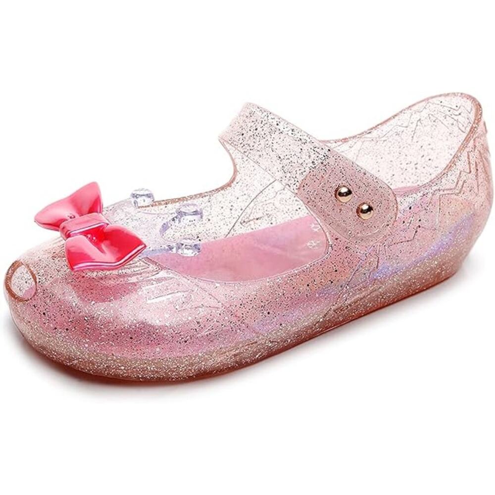 New Sz 26 (9 mo) Toddler Princess Jelly Glitter Shoes With Bow, Hook and Loop Cl